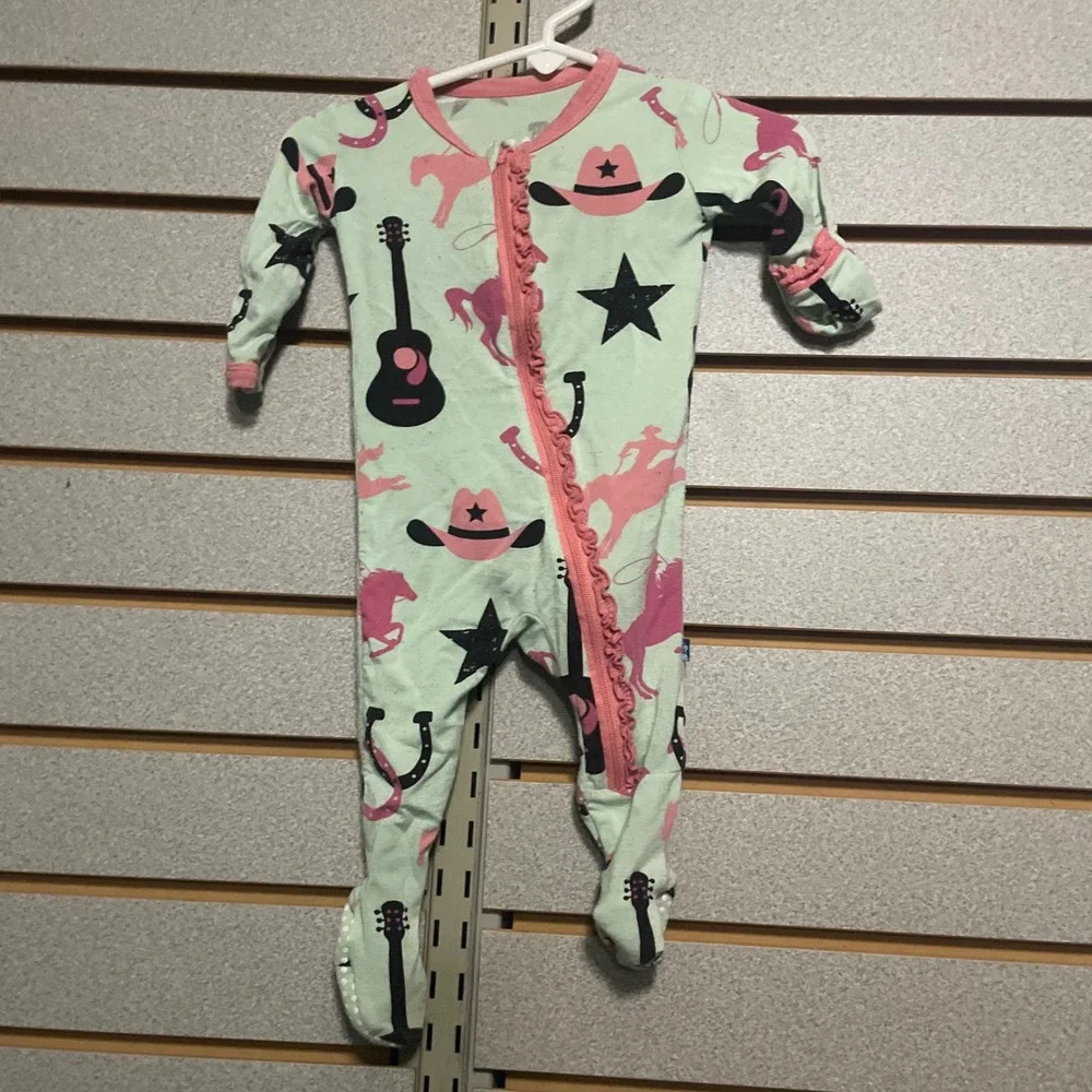 Kickee Pants Cowgirl Western Print Bamboo Ruffle‎ Footie Sleeper Mint Pink 0-3M